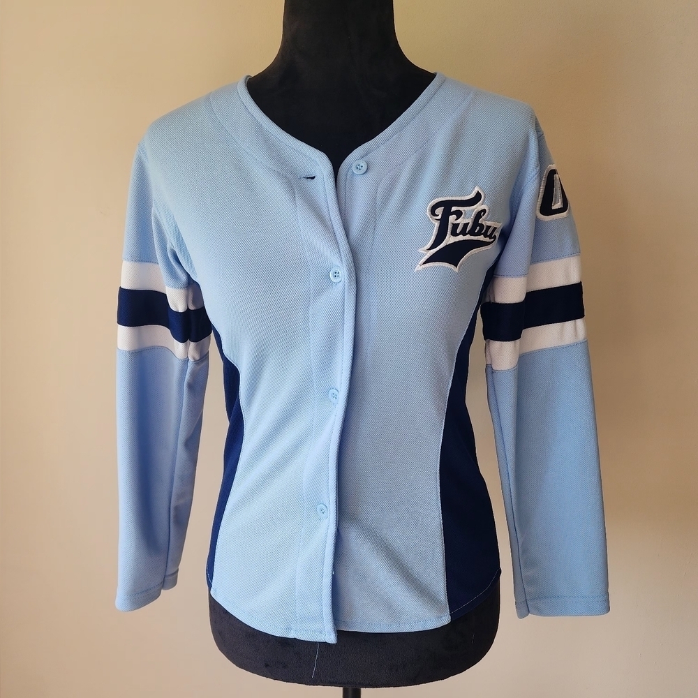 Vintage Fubu Blue Women's Long Sleeve Jersey Shirt Size Small.